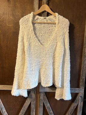 Free People  White Plush V-Neck Sweater